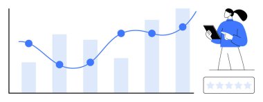 Çizgi grafik ve çubuk grafiğindeki yükseliş eğilimini değerlendiren tablet analisti. Veri analizi, performans takibi, iş stratejisi, ilerleme raporu, piyasa araştırması, karar verme, basit