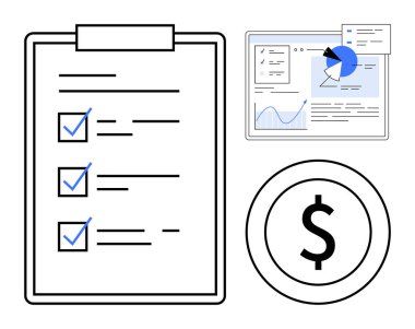 İşaretli görevleri olan kontrol listesi panosu, ekranda mali grafikler ve dolar simgesi. Muhasebe, planlama, veri analizi, bütçe hesaplaması, raporlama, maliyet kontrolü basit iniş sayfası için idealdir