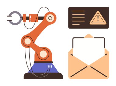Uyarı işareti ve açık zarflı bir uyarı kartıyla birlikte robotik kol işlemleri yapıyor. Otomasyon, robot bilimi, iletişim, yapay zeka, endüstri, yenilik ve teknoloji için ideal. Basit bir daire.