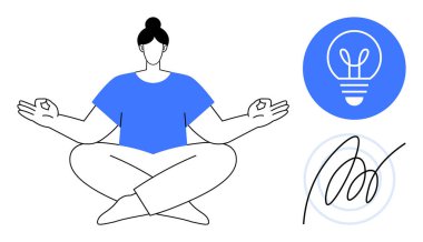 Oturan bir kadının yoga pozuyla meditasyon yaparken minimalist tasarımı, yaratıcılık ve soyut imza için ampul eşliğinde. Sağlık, farkındalık, yenilik, yaratıcılık, denge için ideal