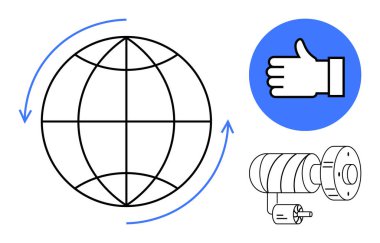 Küresel hareketi sembolize eden oklu dünya, onay için onay işareti ve makine bileşeni. Yenilik, mühendislik, iletişim, küreselleşme, takım çalışması, geri bildirim için idealdir.