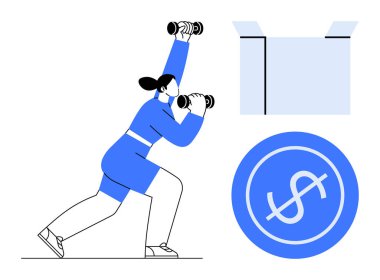 Hamle pozisyonunda dambıl kaldıran kadın, mali yatırımı temsil eden dolar para sembolü ve teslimatı ya da taşınmayı öneren açık nakliye kutusu. Fitness, finans, e-ticaret için ideal