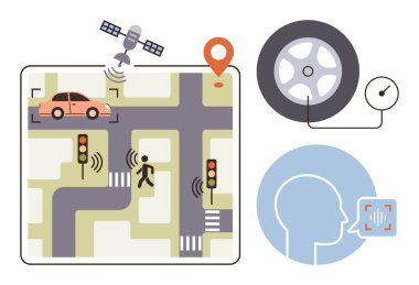 GPS 'li harita üzerinde kendi kendine giden araba, yaya güvenlik sinyalleri, lastik basıncı monitörü ve yüz tanıma sistemi. Teknoloji, ulaşım, yenilik, güvenlik, bağlantı otomasyonu için ideal