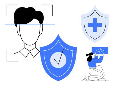 Kimlik tespiti için insan yüzü taraması, tıbbi ve onaylanmış simgelerle kalkan, kadın programlama. Siber güvenlik, sağlık, kodlama, teknoloji, güvenlik, doğrulama için ideal basit iniş sayfası