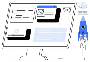 Çoklu ortam araçlarını, metin kutularını ve menü pencerelerini gösteren bilgisayar monitörü. Yenilik, fırlatma ve ilerleme için roket simgesi. Teknoloji, yaratıcılık ve üretim yazılımı için ideal