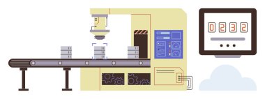 Taşıyıcı banttaki, endüstriyel makinelerdeki ve dijital sayaç ekranındaki robotik kol tasnif malzemeleri. Üretim için ideal, otomasyon, sanayi 4.0, robotik, işlem verimliliği lojistik basit düz