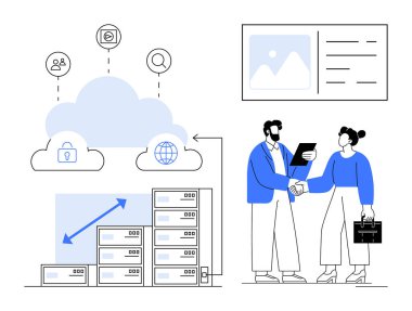 İki profesyonel bulut yakınında el sıkışıyor, veri sunucuları ve ölçeklenebilirlik konsepti simgeleri. Teknoloji, iş ortaklığı, takım çalışması, dijital dönüşüm, bulut hizmetleri, bilişim çözümleri için ideal
