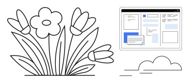 Çiçek açan bitkiler dijital arayüz ekranıyla iç içe geçerek doğayla dijital süreçleri harmanlıyorlar. Üretkenlik, yaratıcılık, sürdürülebilirlik, denge, adaptasyon, dijital uyum için ideal