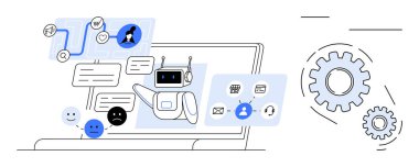 Dizüstü bilgisayardaki robot sohbet robotu sohbet baloncukları, iş akışı simgeleri, sosyal kullanıcı avatarları ve vitesler aracılığıyla etkileşime geçiyor. Teknoloji, müşteri desteği, otomasyon, iletişim, yapay zeka iş araçları için ideal