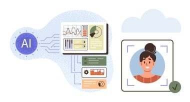 Yapay zeka ekranlardaki verileri grafik ve diyagramlarla analiz ediyor, yüz tanıma sistemine bağlanıyor ve kullanıcı kimliğini doğruluyor. Teknoloji, yapay zeka, güvenlik, biyometrik, yenilik ve veri işleme için ideal