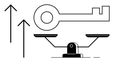 Büyümeyi, fırsatı, başarıyı, kararları, yönü, eşitliği ve değerleri simgeleyen üç yukarı doğru okla dengeli bir ölçekte büyük bir anahtar. İş ve liderlik gelişimi dengesi için ideal