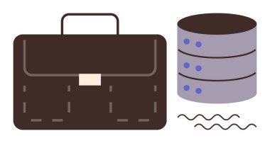 Kahverengi iş çantası, dalgalı çizgileri olan bir sunucu veritabanının yanında. Veri depolama, iş örgütü, işletme yönetimi, teknoloji, girişimcilik, bilgi güvenliği ve dijital için ideal