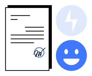 İşaretli imzalı belge, mavi gülen yüz ve yıldırım. Anlaşma, memnuniyet, enerji, pozitiflik, müzakere, basit iniş sayfası için ideal