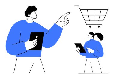 Tabletlerle etkileşime giren ve soyut bir alışveriş arabasını işaret eden iki kişi. E-ticaret, takım çalışması, alışveriş, pazarlama, teknoloji, işbirliği, beyin fırtınası, basit iniş sayfası için ideal