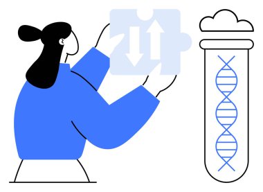 Laboratuvar tüpünün yanında çift yönlü oklarla DNA ipliği olan bir yapboz parçası tutan kadın. Yenilik, bilim, problem çözme, biyoloji, araştırma, genetik, takım çalışması için ideal. Basit düz