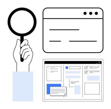 Tarayıcı sekmesi ve arayüzü inceleyen, veri analizi, araştırma ve teftişi vurgulayan büyüteçle el ele. UX tasarımı, arama, test, değerlendirme, kullanılabilirlik çalışmaları için ideal