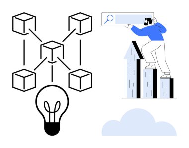 Blockchain ağ yapısı, ampul yeniliği sembolize ediyor, yükselen çubukları arayan kişi. Teknoloji, büyüme, fikirler, engelleme zinciri, yenilik veri stratejisi girişimciliği için idealdir. Basit.