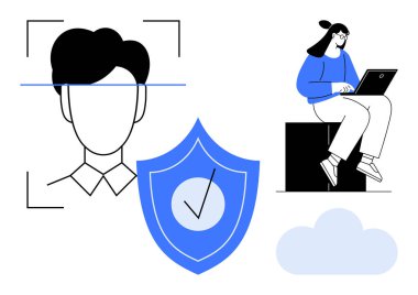 Yüz tarama illüstrasyonu, güvenliği temsil eden çekli kalkan ve gizlilik, teknoloji ve veri korumasını ön plana çıkaran bir kadın. Siber güvenlik, yapay zeka ve bulut depolama için ideal. Basit.