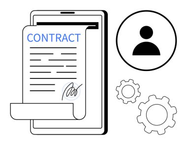 İmzalı sözleşmeyi gösteren tablet, kullanıcı profili simgesi ve otomasyonu sembolize eden vites. İş akışı, e-imza, teknoloji, iş süreci, uyum, takım çalışması için ideal basit iniş