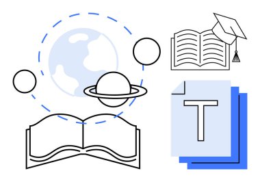 Açık kitap, dünya, yörünge çizgileri olan gezegen, yığınla belge, mezuniyet şapkası. Öğrenim, küresel eğitim, akademisyenler, bilgi araştırma materyalleri için ideal basit iniş sayfası