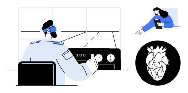 Pilot kokpit kontrollerini sanal kulaklıkla çalıştırıyor, kadın raporunu tutuyor, anatomik kalp çizimi yapıyor. Havacılık, teknoloji, sağlık, takım çalışması, yenilik, eğitim için ideal