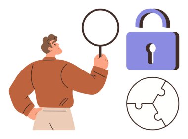 Büyüteç tutan adam, mor kilit güvenliği simgeliyor, problem çözmek için parçalanmış bulmaca. Güvenlik, araştırma, analiz, strateji, problem çözme, mahremiyet için ideal basit düz metafor