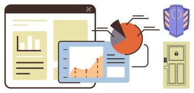 Kullanıcı tablosu, pasta grafiği ve çizgi grafiği. Kalkan ve kilitli kapı veri korumasını temsil ediyor. Analiz, siber güvenlik, iş, büyüme, veri işleme araştırması için ideal