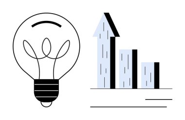 Yükselen çubuk grafiğinin yanındaki fikirleri sembolize eden ampul, başarı artışını simgeliyor. İş için ideal, yaratıcılık, üretkenlik, yenilik, strateji, planlama, motivasyon, basit iniş sayfası