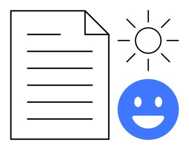 Siyah çizgileri olan kağıt bir çarşaf, mavi mutlu bir yüz ve parlayan bir güneş. Motivasyon, pozitiflik, yaratıcılık, mutluluk, organizasyon, üretkenlik ve basit bir iniş sayfası için ideal