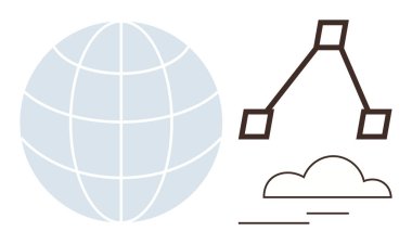 Küre ızgarası, bulut simgesi ve düğüm-bağlantı yapısı küresel bağlantıyı, teknolojiyi, yeniliği ve veri paylaşımını sembolize eder. Web uygulamaları, bulut hesaplama, eğitim küreselleşme teknolojisi için ideal.