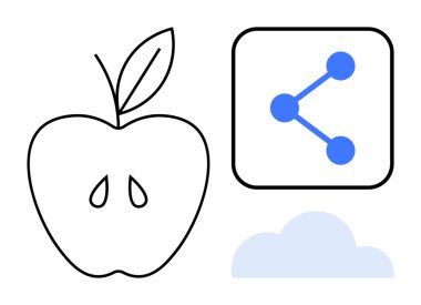 Tohumları ve yaprakları olan Apple taslağı, bağlı düğümlerle simge paylaşımı ve bulut grafiği. Teknoloji, doğa, iletişim, işbirliği, dijital hizmetler, sürdürülebilirlik için ideal basit iniş