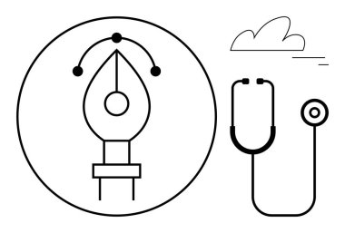 Daire ve steteskop anahatlarında birbirine bağlı yollara sahip kalem aracı, yaratıcılık ve tıbbi yeniliğin bir karışımını temsil ediyor. Tasarım, sağlık, yenilik, teknoloji ve eğitim için ideal