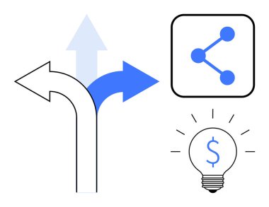 Seçimler için okları, bağlantı grafiğini ve ekonomik fikirler için dolar işaretli ampulü ayırmak. Karar verme, strateji, yenilik, ağ oluşturma, iş dünyası ve finans pazarlaması için ideal