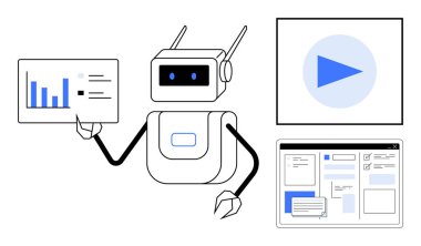 Robot bir bar çizelgesi, multimedya oyun seçeneği ve arayüz ögeleri sergiliyor. Yapay zeka, otomasyon, makine öğrenimi, veri analizi, teknolojik dijital araçlar eğitimi için idealdir. Basit düz metafor