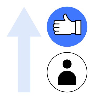 Başparmaklar ve kullanıcı profili simgelerinin yanında mavi yukarı doğru ok, ilerlemeyi, onayı, başarıyı ve pozitifliği simgeliyor. Takım çalışması, başarı, liderlik, motivasyon sosyal medya için ideal