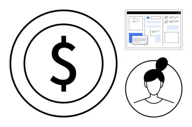 Çemberde dolar işareti, bilgisayar arayüzü ekranı ve kadın profil çizgisi. Finans, kullanıcı arayüzü, çevrimiçi hizmetler, ekonomi, ticari kullanıcı yönetimi modern teknoloji endüstrileri için ideal. Basit.