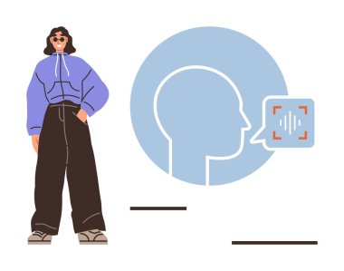 Konuşma balonunda ses dalgaları olan sıradan bir kadın. Ses teknolojisi, yapay zeka, yenilik, güvenlik, ulaşılabilirlik, modern medya, basit düz metafor