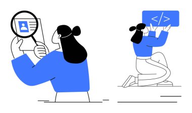 Kişinin profili büyüteçle inceleniyor ve kod paneliyle diz çöküyor. İşe alım, kodlama, kariyer büyümesi, yazılım geliştirme, profesyonel beceriler, bilişim süreçleri, basit iniş sayfası için ideal