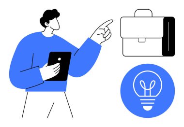 Elinde evrak çantası ve ampul ikonlarına işaret eden bir tablet tutan kişi yenilik, profesyonellik ve problem çözmeyi temsil ediyor. Girişimcilik, yönetim, beyin fırtınası için ideal