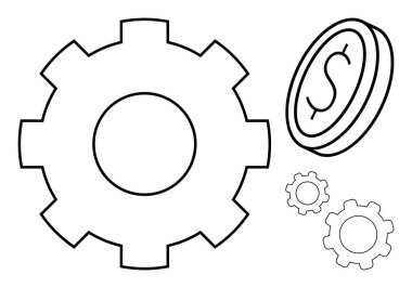 Daha küçük dişliler ve bir dolar para ile birlikte büyük vites, finansal süreçleri, verimliliği ve değeri sembolize eder. Finans, iş stratejisi, süreç, ekonomi, takım çalışması, basit mekanikler için ideal