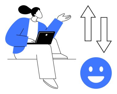 Dizüstü bilgisayar kullanan ve işaret eden bir kadın, yukarı ve aşağı ok ve neşeli yüz ikonu ile birlikte. Geri bildirim, iletişim, kullanıcı deneyimi, teknoloji, karar verme, duygular, basit