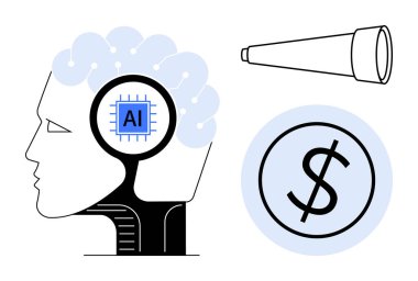 Beyninde yapay zeka çipi, teleskop ve dolar sembolü olan insan kafası teknoloji, vizyon ve karı vurguluyor. Yapay zeka geliştirme, strateji, yenilik ve teknoloji eğilimleri için idealdir.