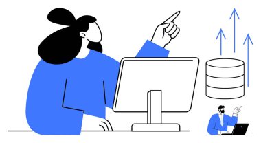 Ekranı gösteren bir kadın, yükselen okları olan veri tabanı simgesi, dizüstü bilgisayarda çalışan daha küçük bir figür. Takım çalışması, veri analizi, iş büyümesi, strateji, piyasa eğilimleri, karar verme mekanizması için ideal