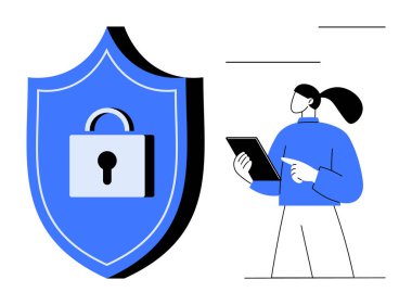 Güvenliği temsil eden kalkanlara kilit, tableti tutan kadın, modern hatlar. Siber güvenlik, veri koruması, dijital güvenlik farkındalığı, mobil uygulama UI, teknoloji ve bilişim hizmetleri için ideal