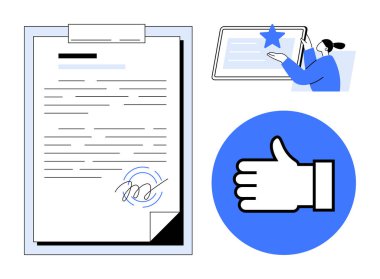 Belge panoda dijital olarak imzalandı, kullanıcı tablete yıldız notu ekliyor, büyük onay simgesi. Sözleşme imzalama, inceleme, onay, anlaşmalar, derecelendirme sistemi, geri bildirim için ideal basit