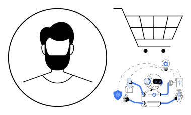 Çember halinde erkek avatar, alışveriş arabası, kalkan, kutu, alet edevat ve ayarlarla robot çoklu görevi. E-ticaret, otomasyon, kişiselleştirme kullanıcı deneyimi dijital güvenlik araçları için ideal