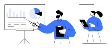 Takım sunum sırasında grafikleri ve grafikleri analiz ediyor. İş stratejisi, takım çalışması, veri analizi, işbirliği, eğitim, eğitim, danışmanlık, basit iniş sayfası için ideal