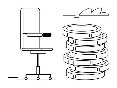 İş, kariyer büyümesi, finansal hedefler ve ekonomik istikrarı temsil eden yükseltilmiş madeni paraların yanında ofis sandalyesi. İş, finans, istihdam, yatırım, işyeri yönetimi için ideal