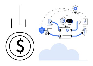 Birden fazla görevi yerine getiren robot dolar işareti ve bulut görüntüleriyle testler, analiz ve araştırmalar yapıyor. Teknoloji, yenilik, iş, otomasyon, finans, veri bilimi için ideal gelecek