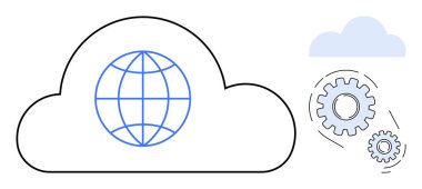 Küresel bağlantıyı temsil eden büyük bulut anahatları, sistem otomasyonunu gösteren yan vitesler. Teknoloji, ağ oluşturma, yenilik, otomasyon, bulut çözümleri, küresel ulaşım için ideal